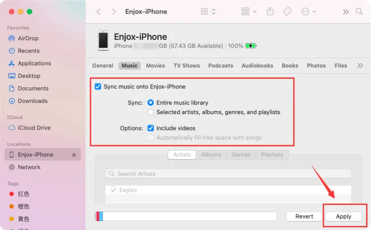 Sincronizarea muzicii pe un iPhone pentru Enjox (pasul 4)